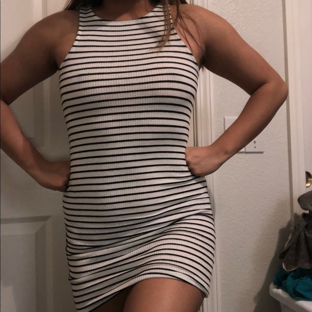 white and black striped tank top dress